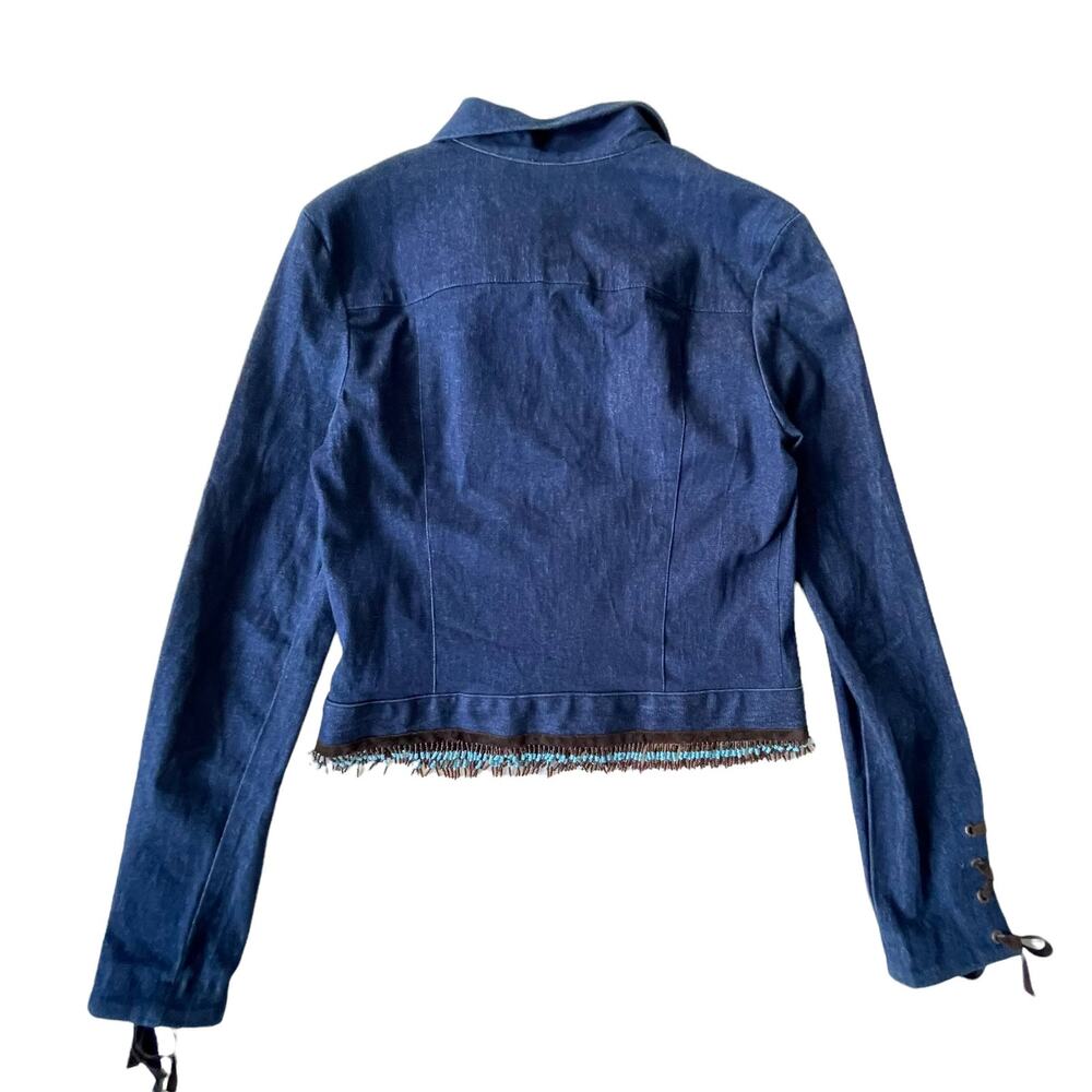 Vintage 1990s Cache Jean Jacket Beaded Fringe Lace Up Southwest 4 EUC - Picture 12 of 13